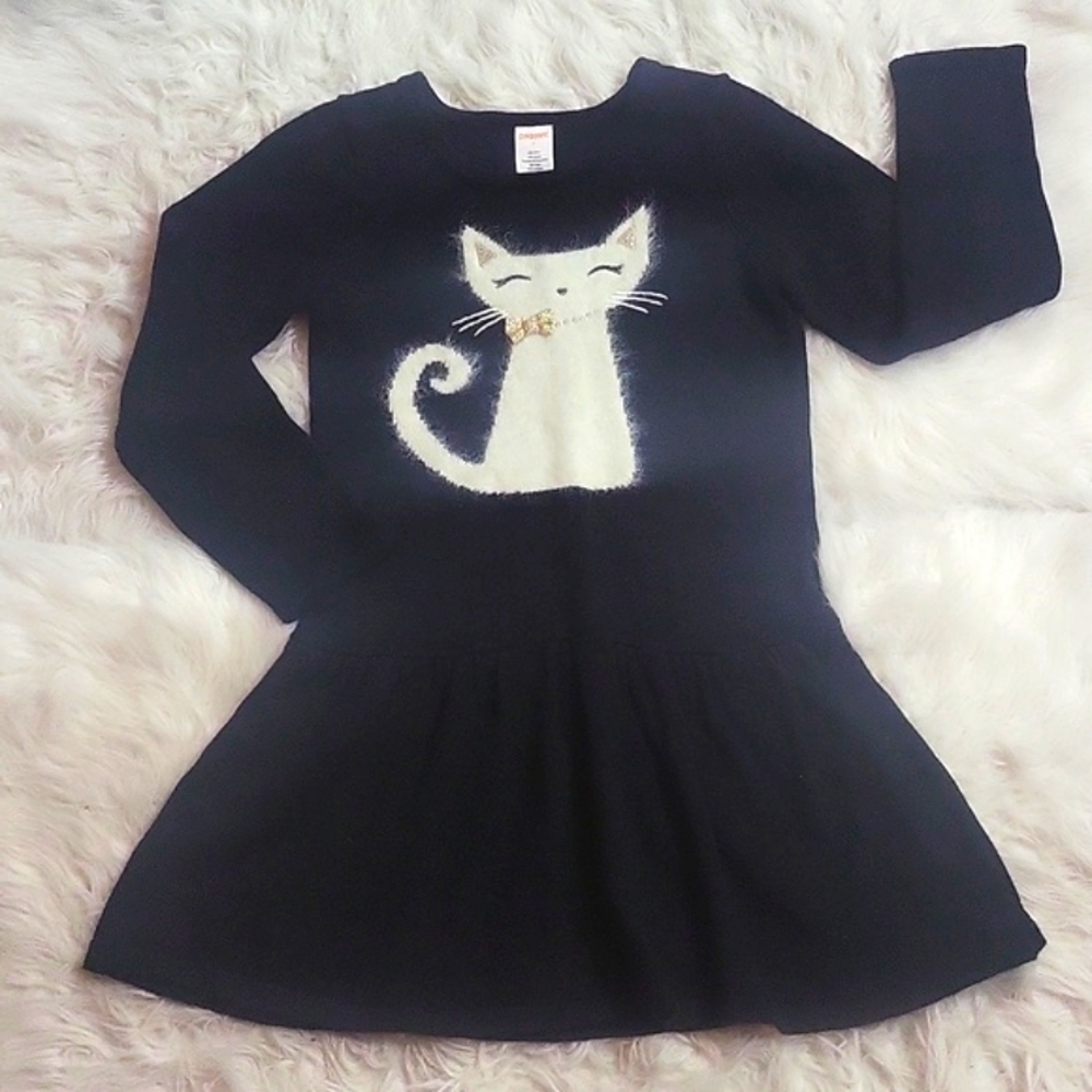 NWOT GYMBOREE Girl's long sleeve black sweater dress with fuzzy cat size 7